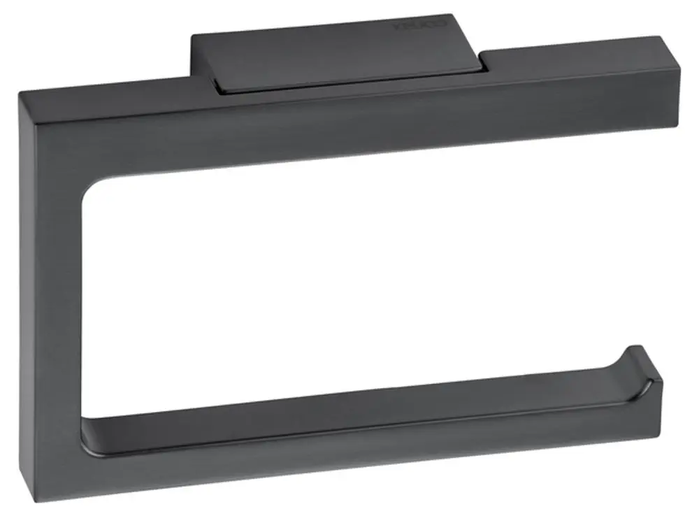 Schwarzer Toilettenpapierhalter aus gebürstetem Chrom von Keuco in offener Form, mit schlichtem Design und rechteckigen Elementen.